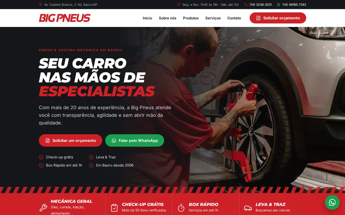 Página inicial do site Big Pneus na versão desktop