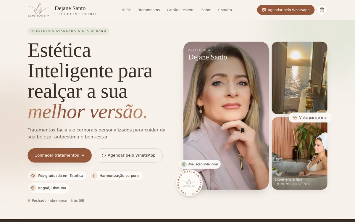 Página inicial do site Dejane Santo Estética na versão desktop