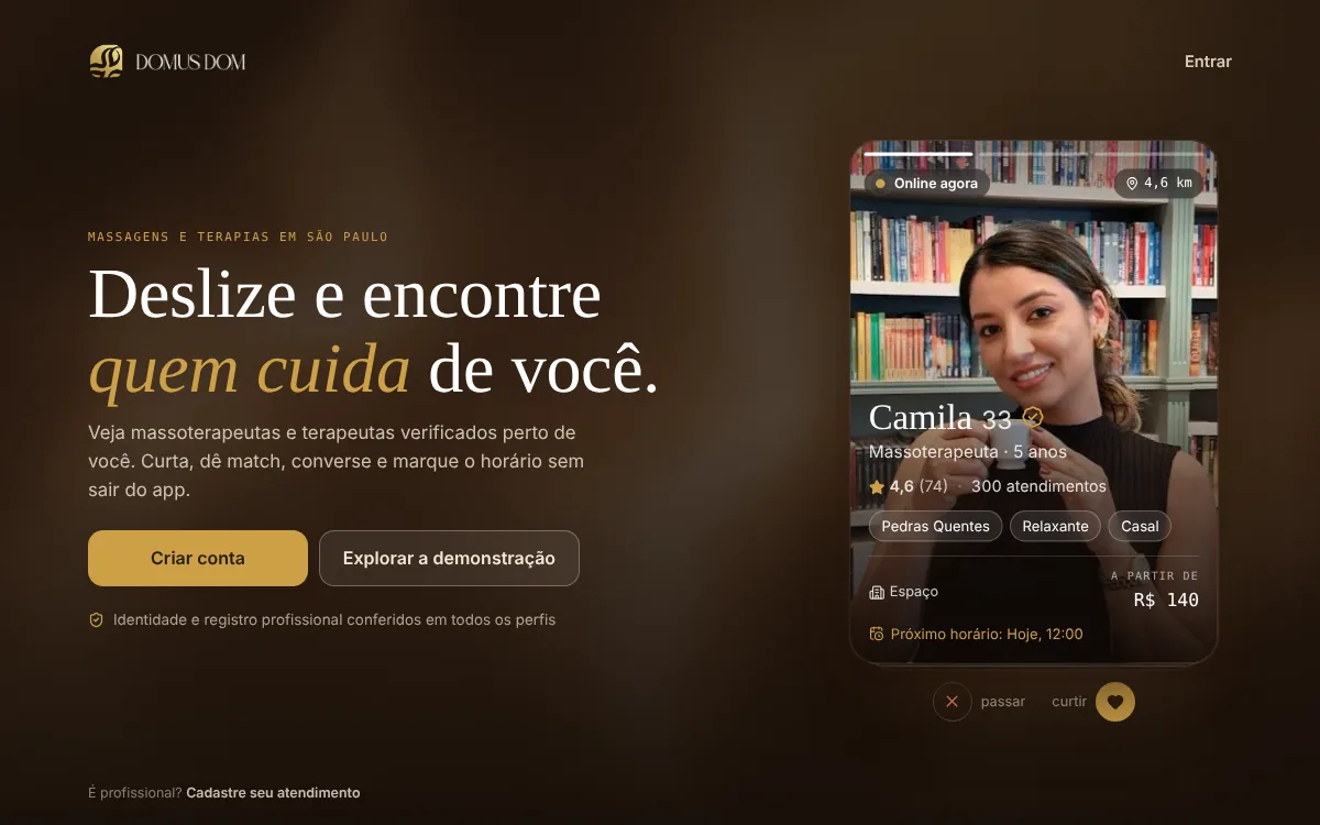 Página inicial do app Domus Dom Match na versão desktop